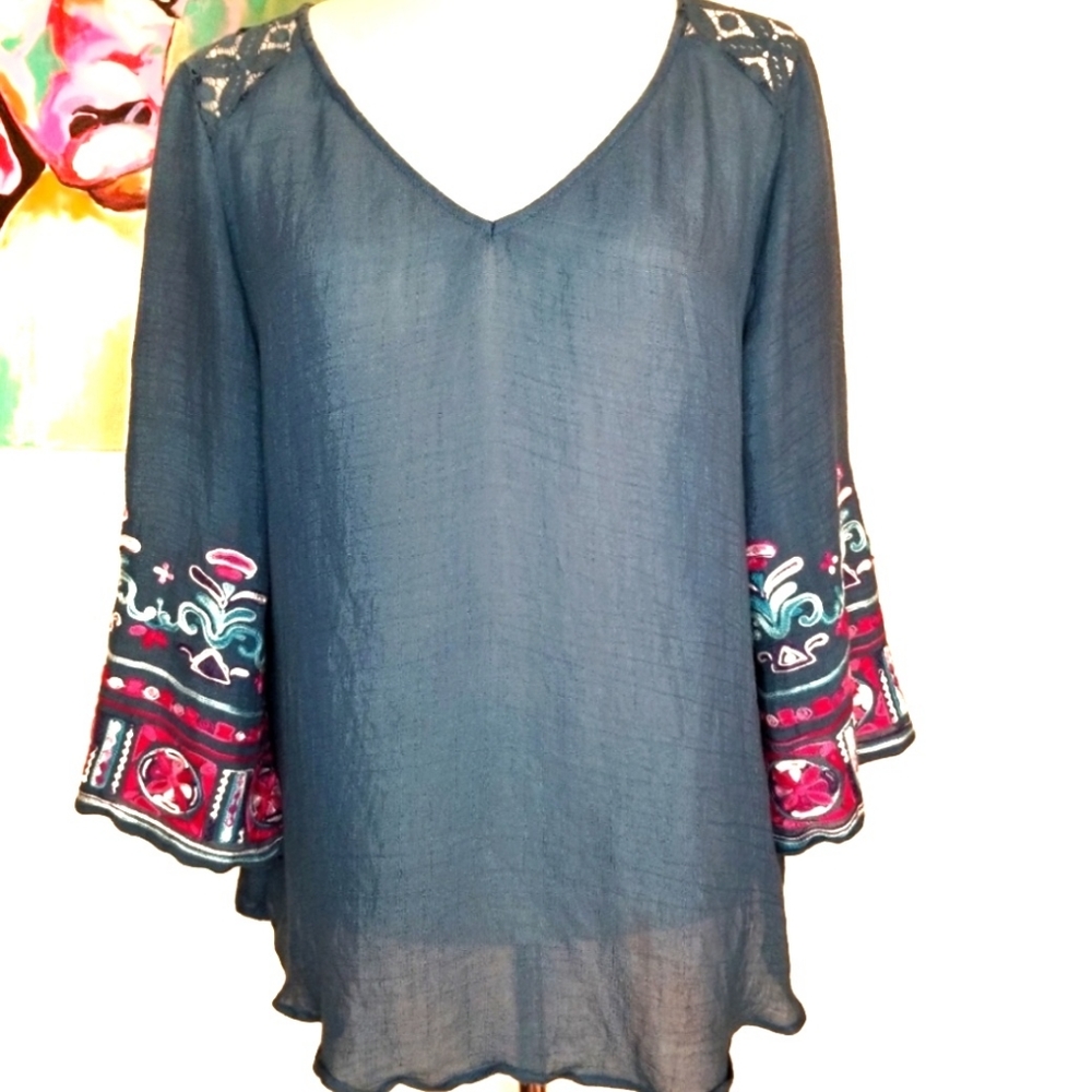VALERIE STEVENS turquoise embroidered lace peasant blouse Size M